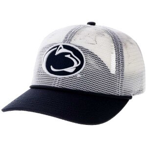white meshy trucker hat with Penn State Athletic Logo and navy brim